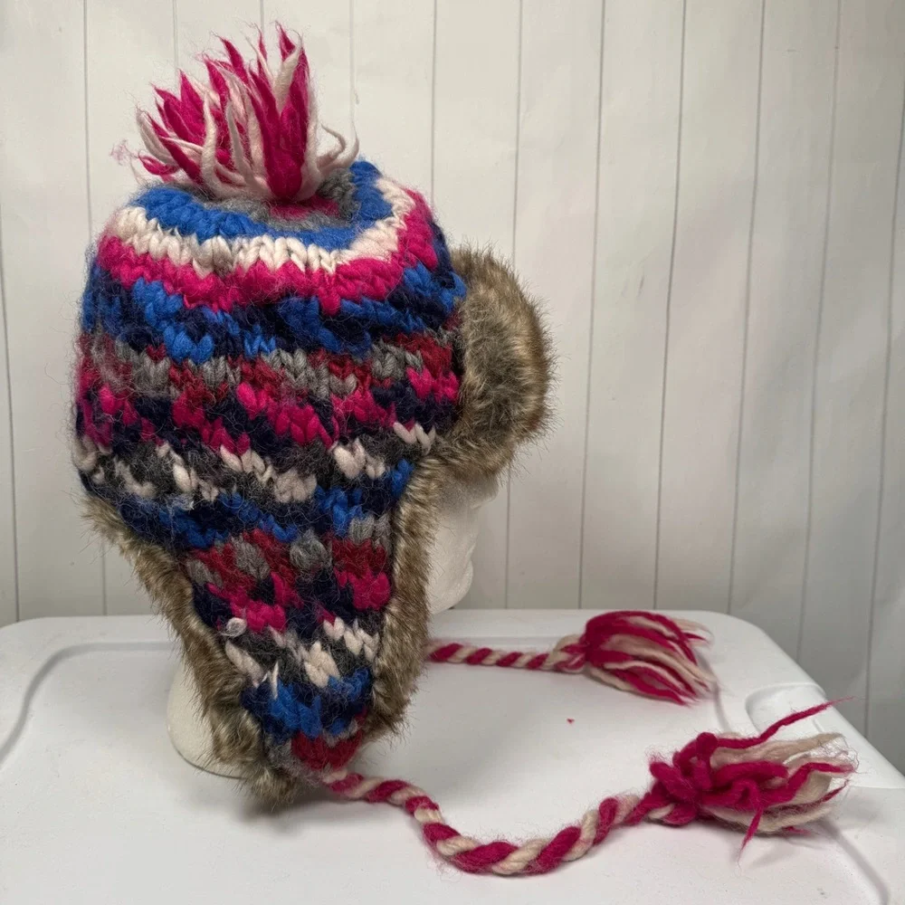 Y2K American Eagle Wool/Alpaca Knit Trapper Hat Faux Fur Trim Ski‎ Snow Winter